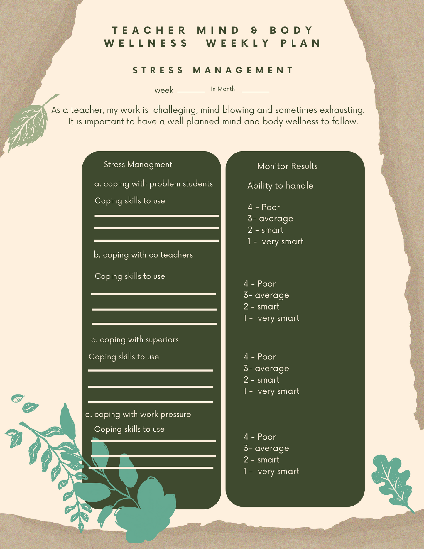 Teacher Stress Management One-Page Weekly Planner - Printable