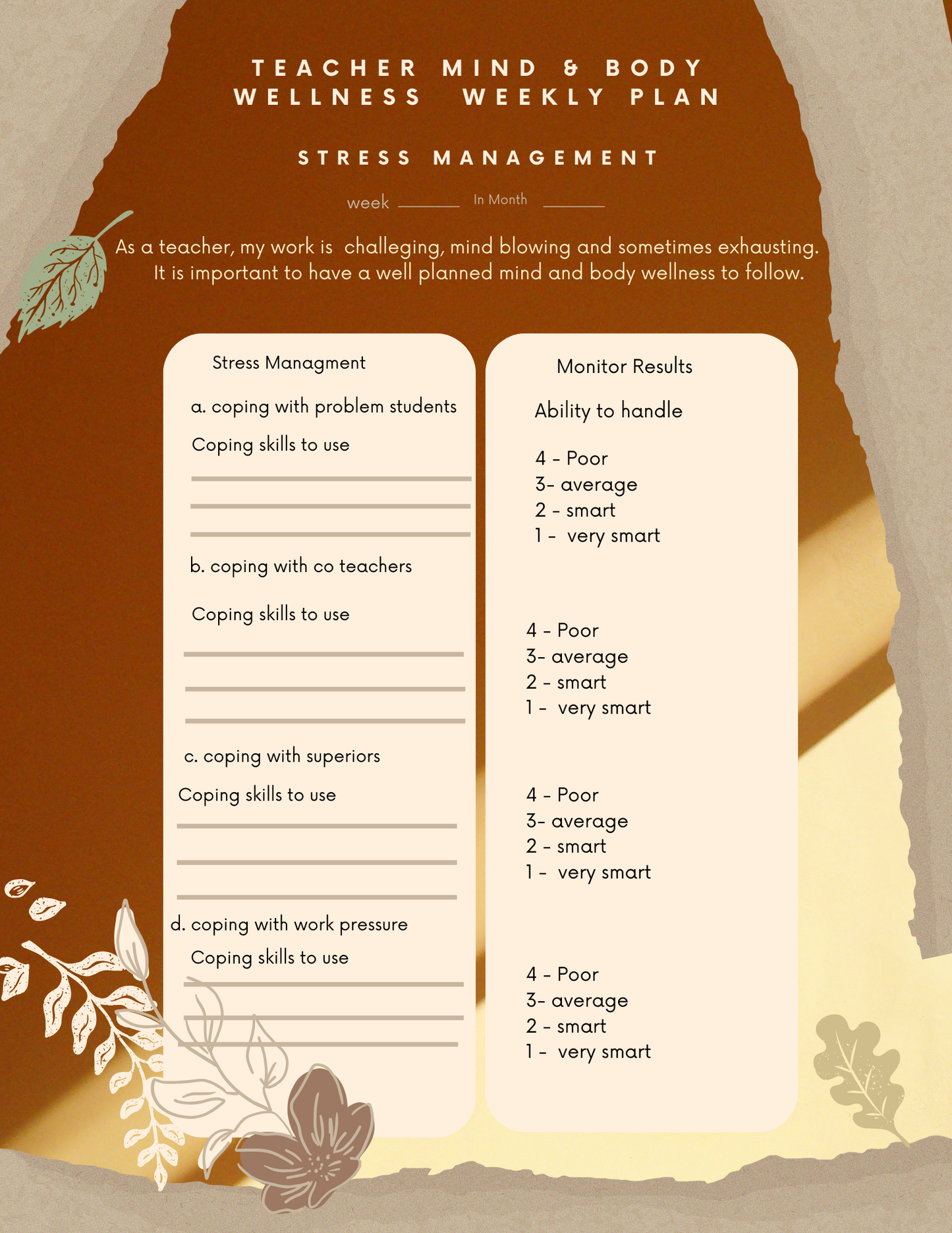 Teacher Stress Management One-Page Weekly Planner - Printable