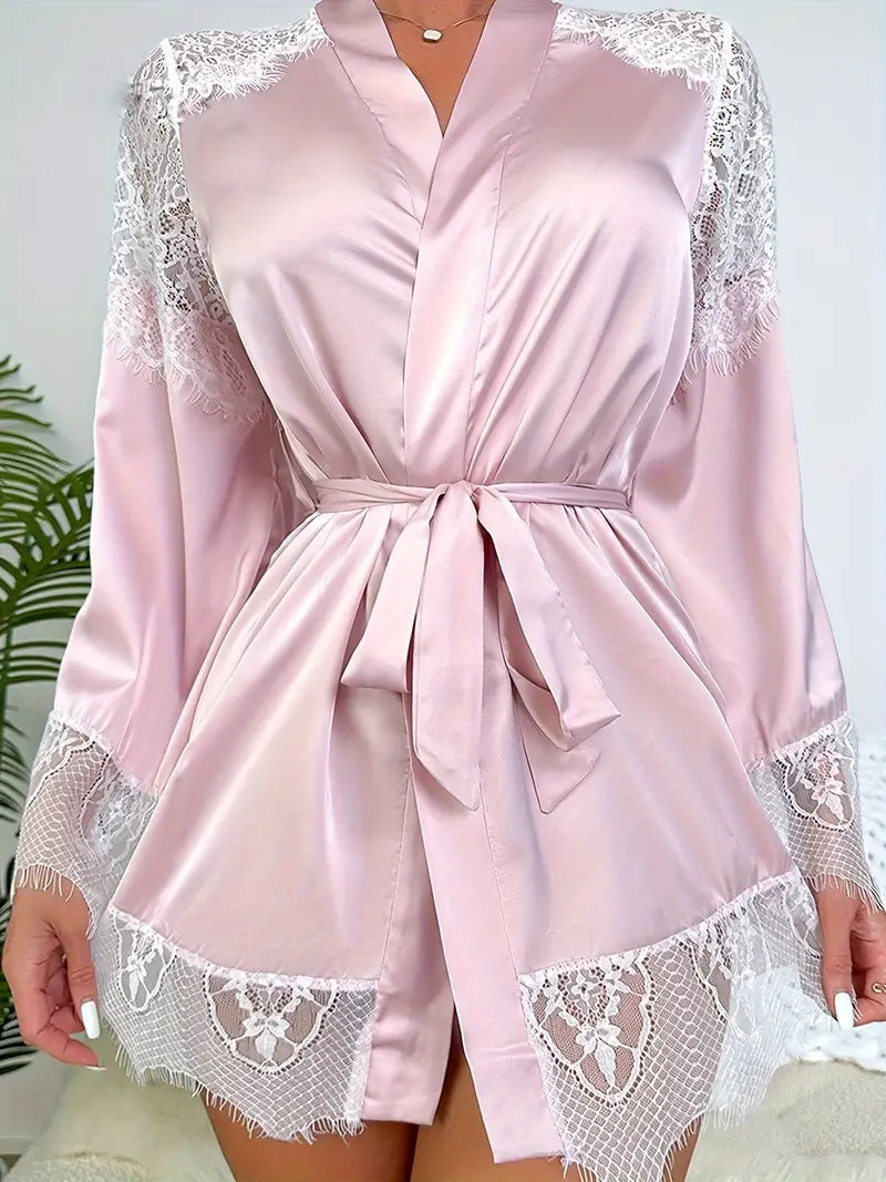 Contrast Lace Satin Night Robe, Long Sleeve V Neck Robe With Belt, Women's Sleepwear