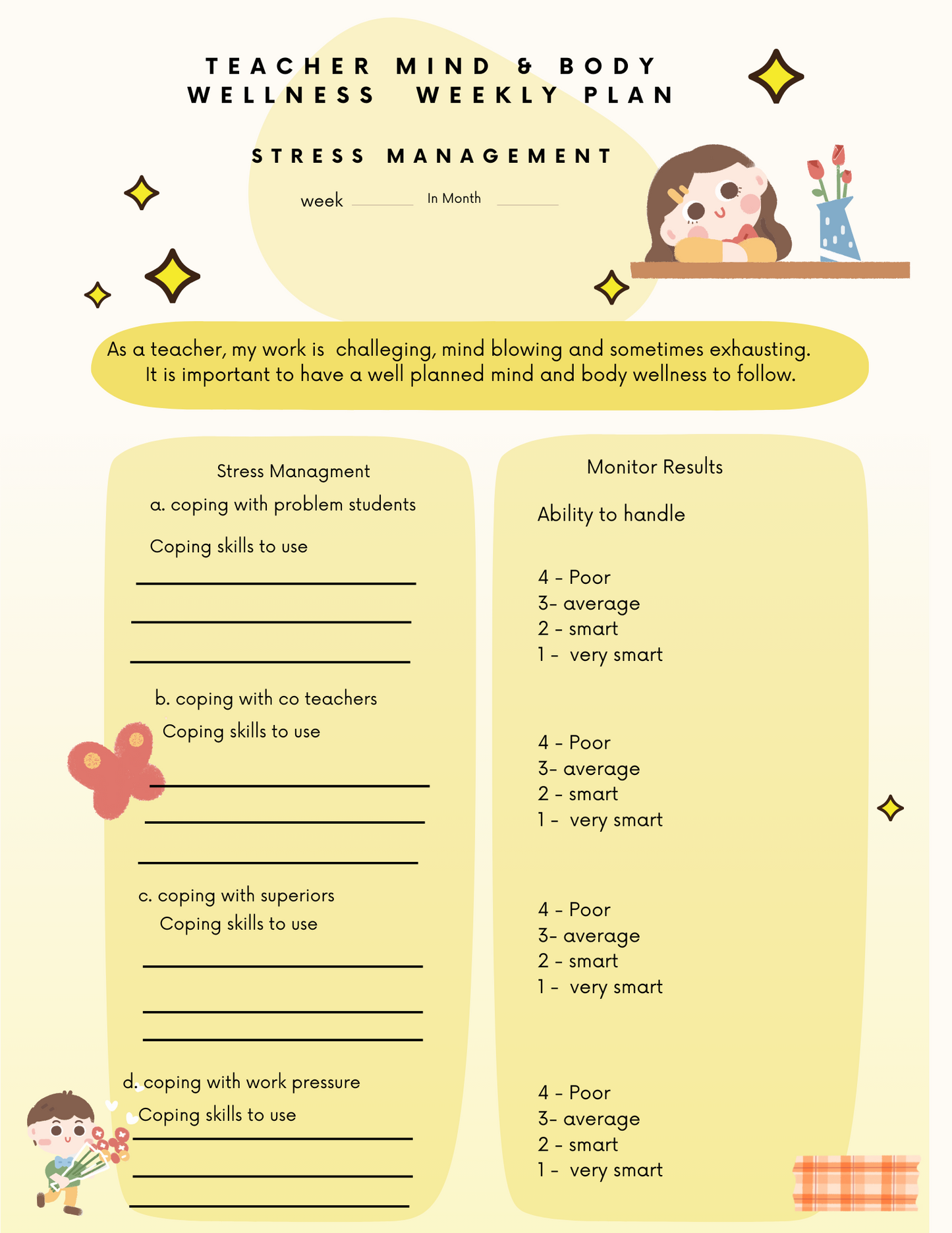 Teacher Stress Management One-Page Weekly Planner - Printable