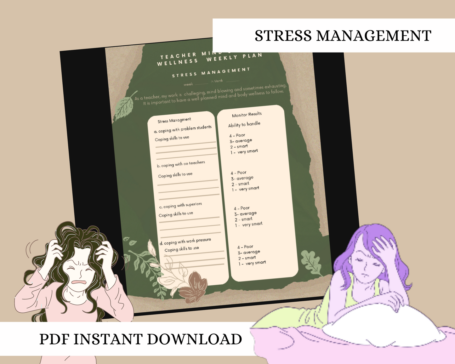 Teacher Stress Management One-Page Weekly Planner - Printable