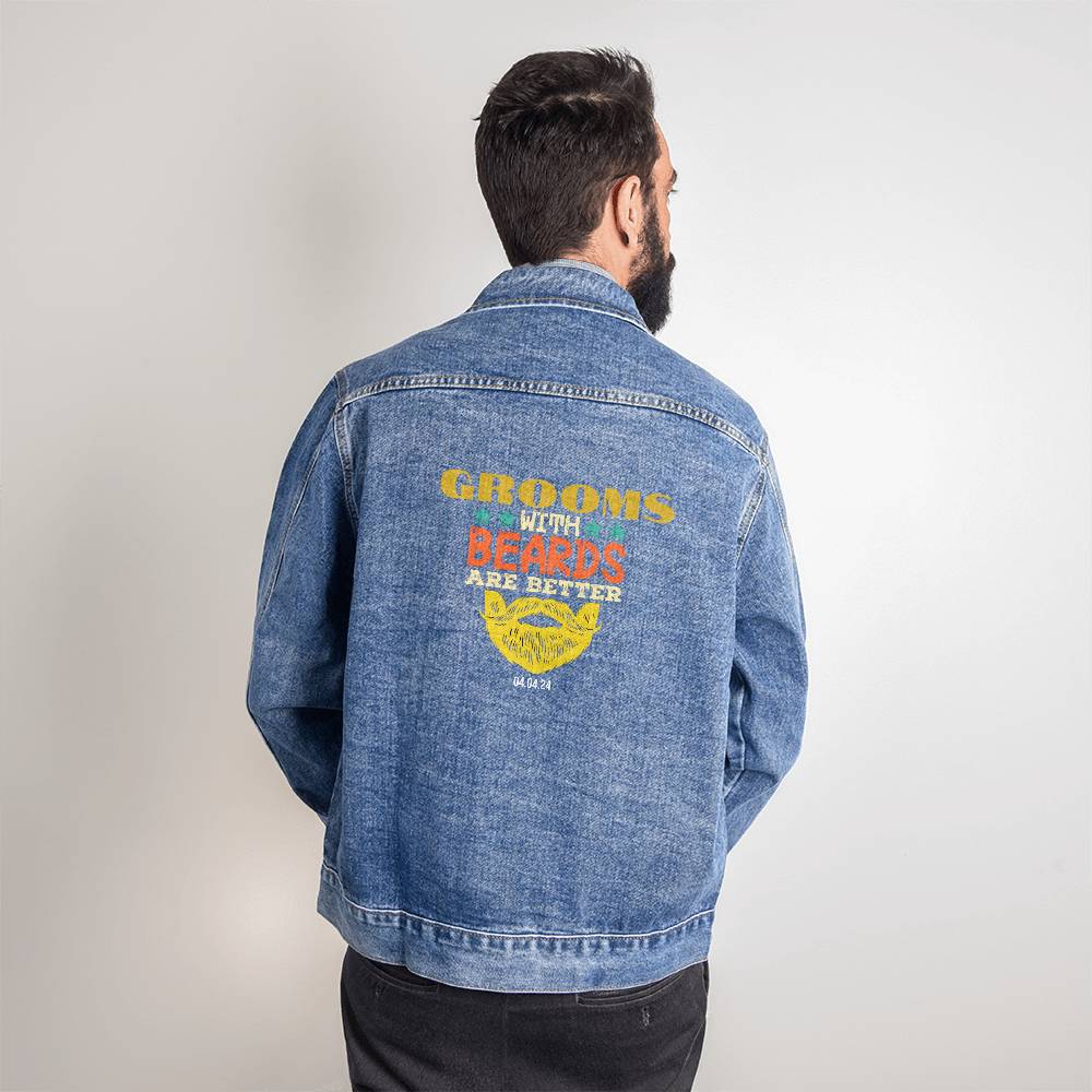 Custom Bachelor Jeans Jacket, Personalized Wedding Date Wear, Blue Denim Clothing for Him, Bearded Groom Gift