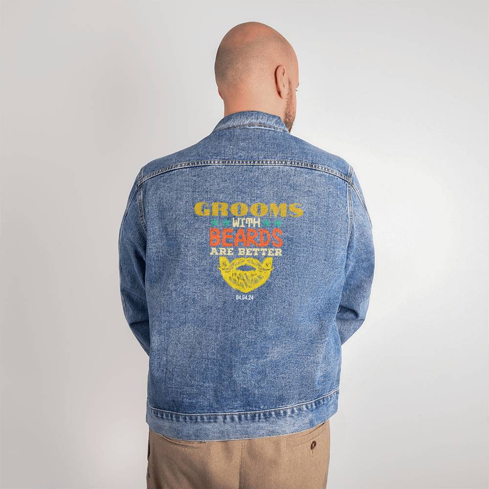 Custom Bachelor Jeans Jacket, Personalized Wedding Date Wear, Blue Denim Clothing for Him, Bearded Groom Gift