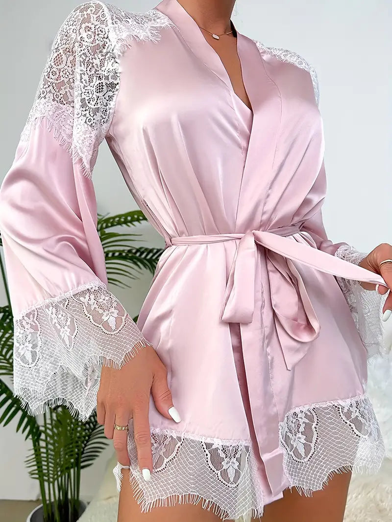 Contrast Lace Satin Night Robe, Long Sleeve V Neck Robe With Belt, Women's Sleepwear