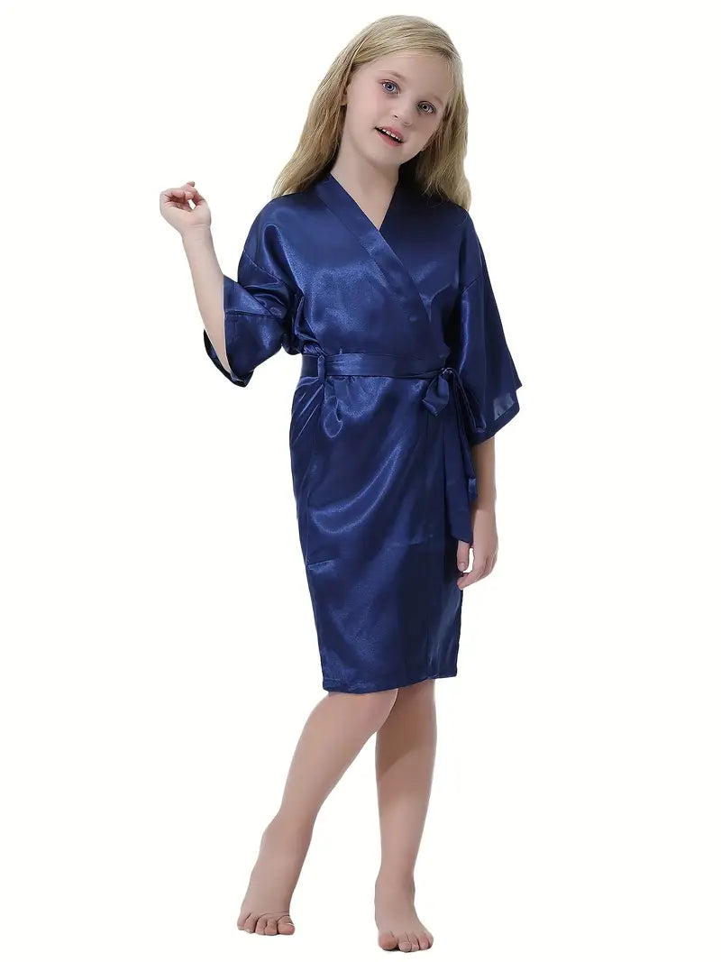 Girls Bathrobe, Solid Color Simple Style Children Nightgown With Belt