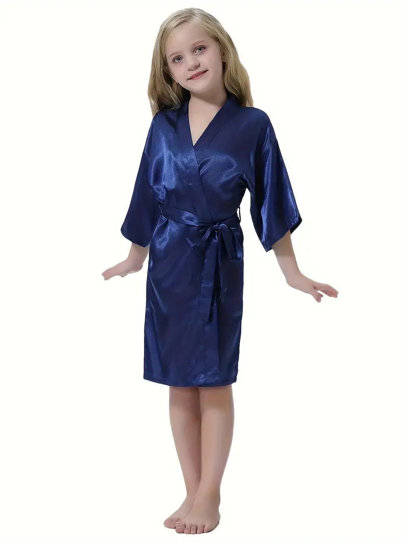 Girls Bathrobe, Solid Color Simple Style Children Nightgown With Belt