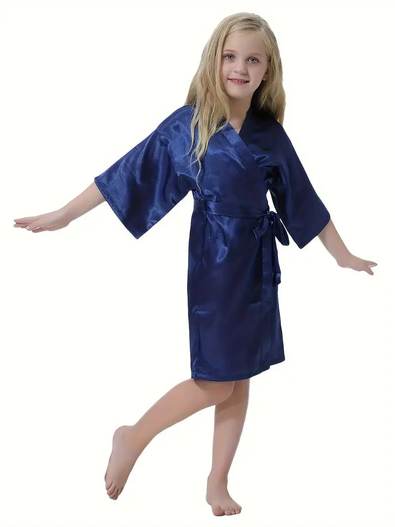 Girls Bathrobe, Solid Color Simple Style Children Nightgown With Belt