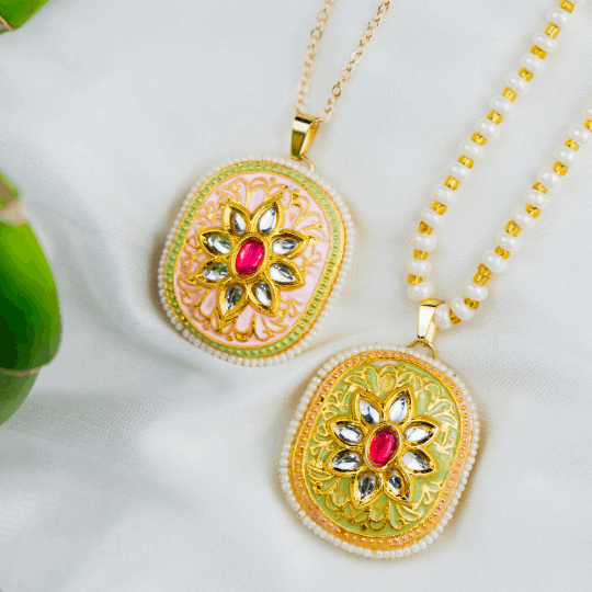 Green Pink Floral Indian Meenakari Enamel Stone Pearl Ethnic Necklace &amp; Earrings