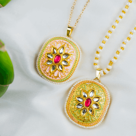 Colourful Floral Indian Meenakari Kundan Pearl Ethnic Enamel Pendant Necklace