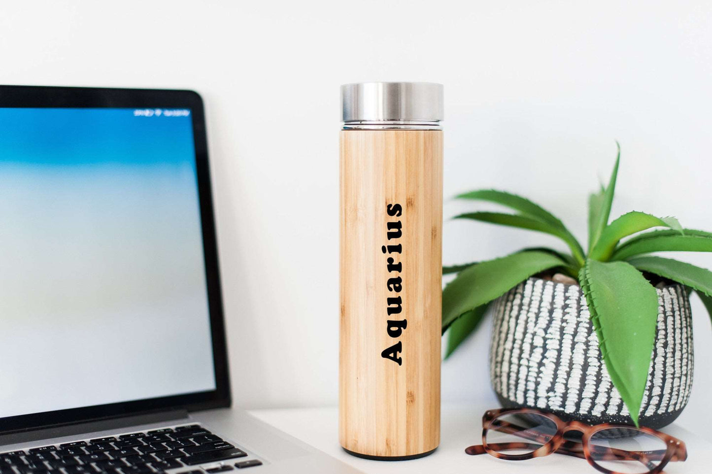 Engraved Zodiac Aquarius Sign Eco-Friendly Bamboo Water Bottle | Hot Beverage Tumbler