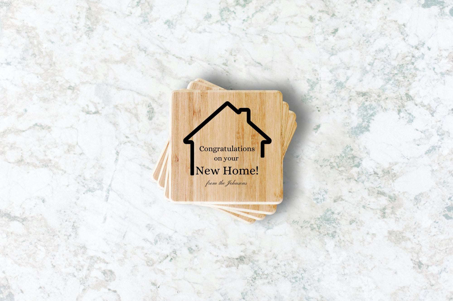 Engraved Minimalist Bamboo Coasters Congratulations on your New Home