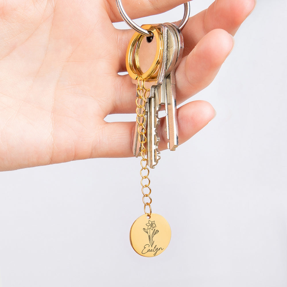 ✨ Personalized Gold-Filled Keychain - Bloom with Your Birth Flower & Name!