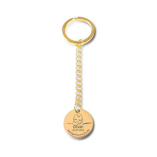 🌟 Gold-Plated Birth Detail Keychain - Engrave Your Story in Elegance! Cherish memories with a palm-sized masterpiece. #PersonalizedKeepsake #EmbraceYourStory