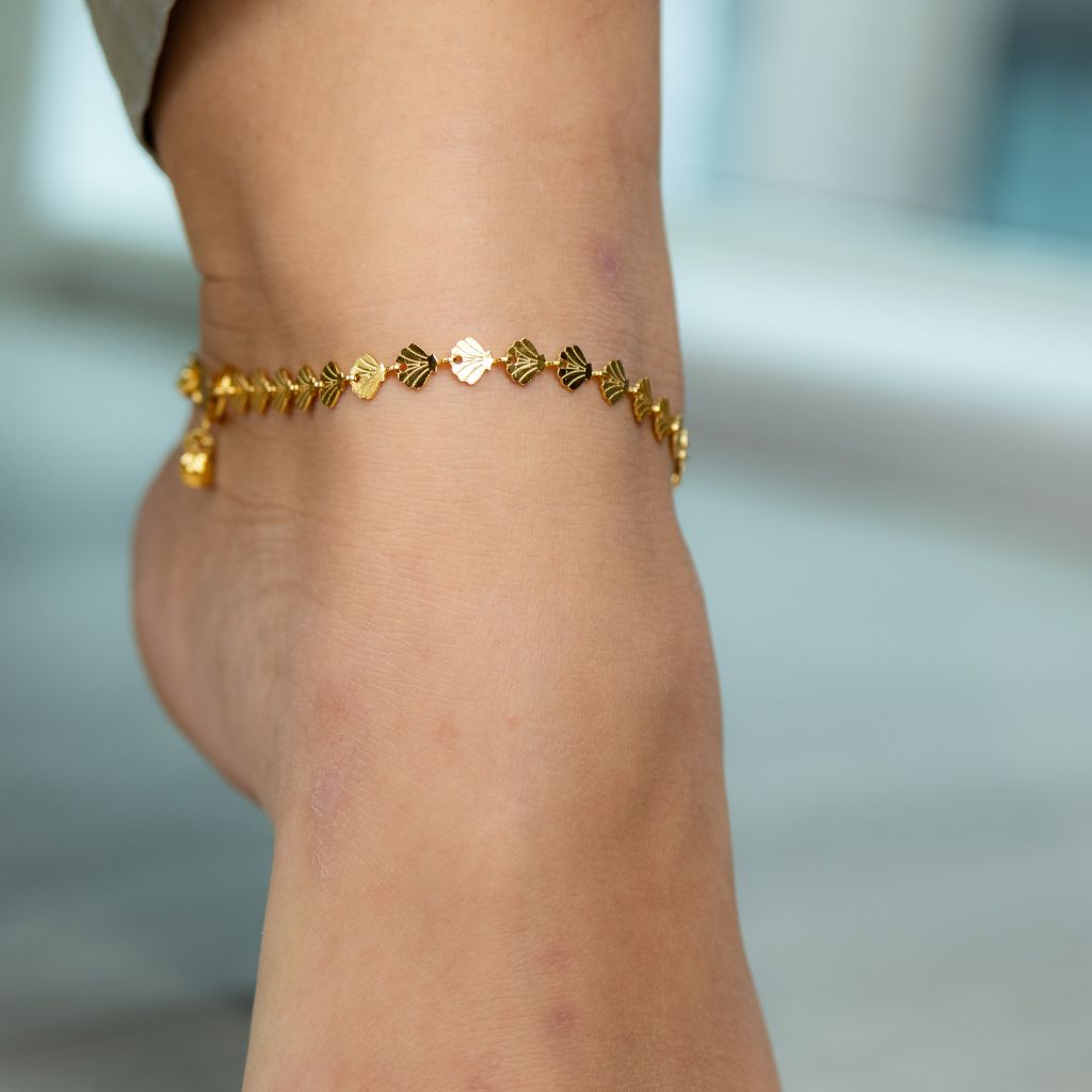 Golden Brass Fan Charm Minimalist Thin Slim Foot Payal Anklet Jewelry