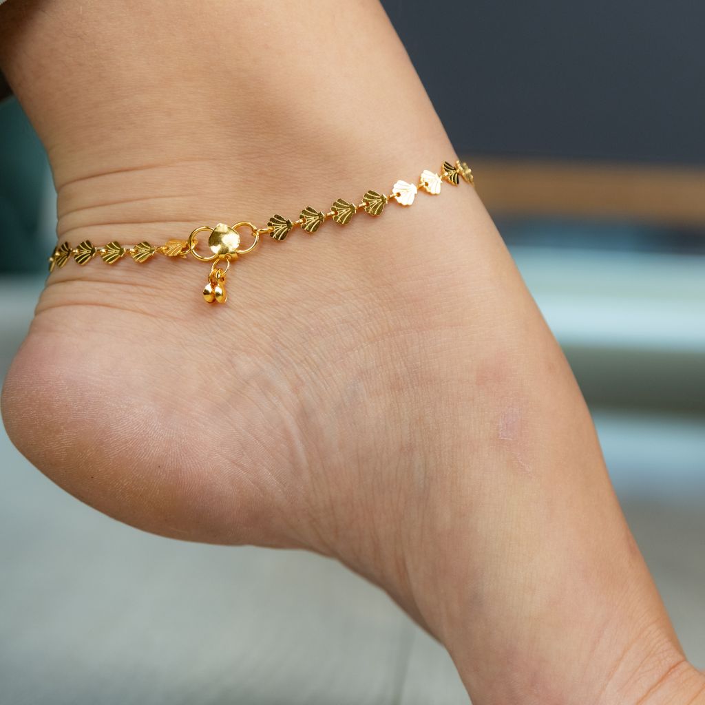 Golden Brass Fan Charm Minimalist Thin Slim Foot Payal Anklet Jewelry