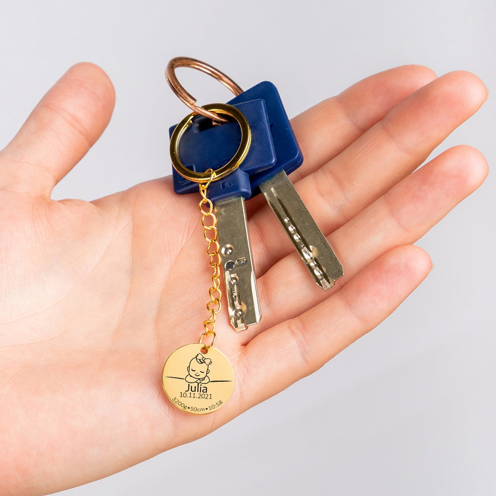 🌟 Gold-Plated Birth Detail Keychain - Engrave Your Story in Elegance! Cherish memories with a palm-sized masterpiece. #PersonalizedKeepsake #EmbraceYourStory