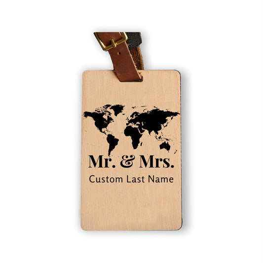 Mr. & Mrs. Bamboo Luggage Tags for Newlyweds, Minimalist Newlyweds Gift, World Icon Luggage Tags for Married Couple